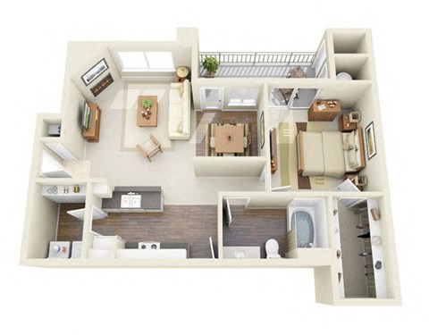 Floor plan for 1 bed, 1 bath, 853 sqft